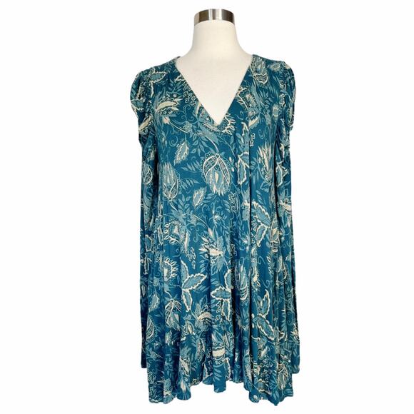 FREE PEOPLE Hello Lover Blue Green Tunic Top Shoulder Long Sleeves V-Neck Small - Picture 10 of 10